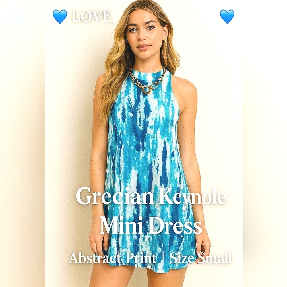 💙 Love, Fire Grecian Keyhole Mini Dress Blue White Abstract Watercolor Small